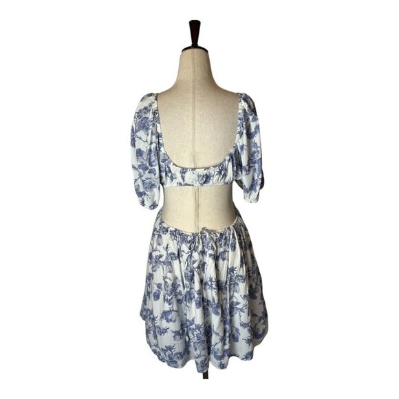 Bardot Dress Women Large Blue White Floral Print Cut Out Eden Mini Cottagecore - Picture 3 of 12